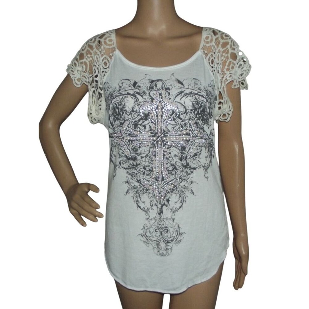Vtg Angels &Diamonds Top Womens Small white black cross rhinestones lace cap y2k